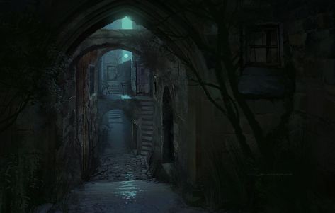 ArtStation - dark alley, Christian Bravery Dark Alleyway, Dark Alley, The Evil Within, Dark City, Fantasy Setting, Environment Concept, Fantasy Aesthetic, High Fantasy, Environment Design