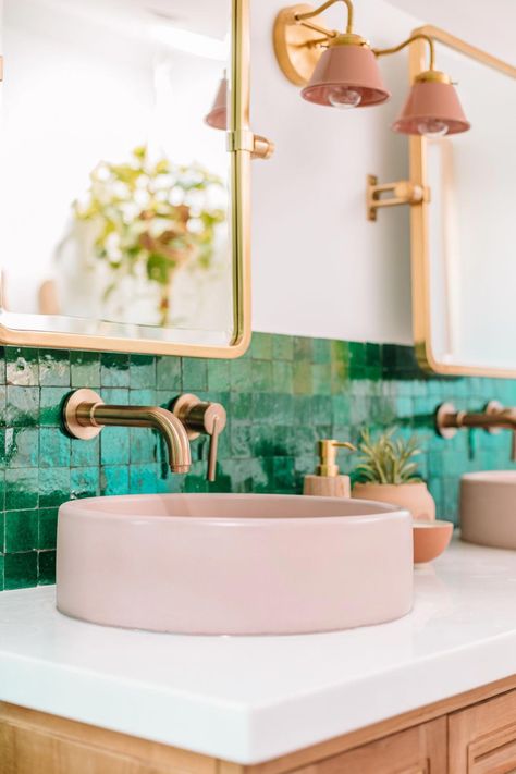 Jade green zellige tiles (handmade Moroccan terracotta), gold hardware, and a blush pink cement bowl basin sink make a stylish statement in this LA master bathroom. #bathroomsink Cement Bowl, Bowl Basin, Moroccan Bathroom, Mosaic Bathroom Tile, Zellige Tiles, Tiles Handmade, Zellige Tile, Bathroom Plants, Bathroom Backsplash