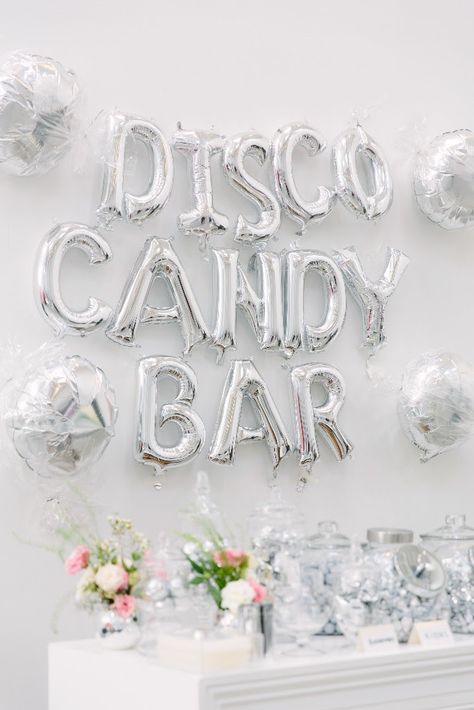 Disco Candy Table, Disco Food Table, Disco Candy Bar, Disco Party Snacks, Disco Desserts, Disco Party Food, Disco Food, Bridal Shower Candy Bar, Theme Snack