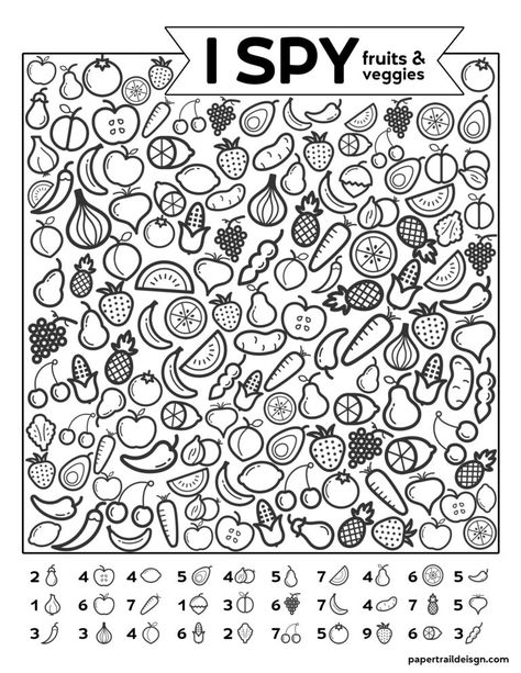 Free Printable I Spy Game - Fruits & Veggies. Easy fun car activity or rainy day boredom buster activty to keep kids busy. #papertraildesign #kids #kidsactivity #roadtrip #roadtripgames #freeprintables Find And Color Free Printable, Find Different Pictures For Kids, I Spy Printables For Kids Free, Printable Kids Activities, Car Activity, I Spy Printable, Free Printables For Kids, Paper Trail Design, Fun Worksheets For Kids
