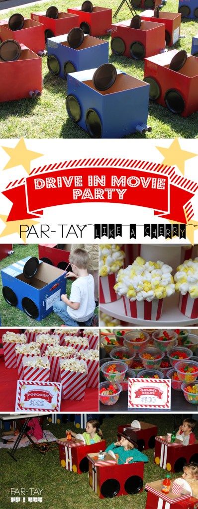 Drive In Movie Theme Birthday Party, Drive In Movie Ideas, Drive In Movie Party, Ticket Ideas, Outdoor Movie Party, Movie Theme Birthday Party, Movie Night For Kids, Box Cars, Movie Night Birthday Party