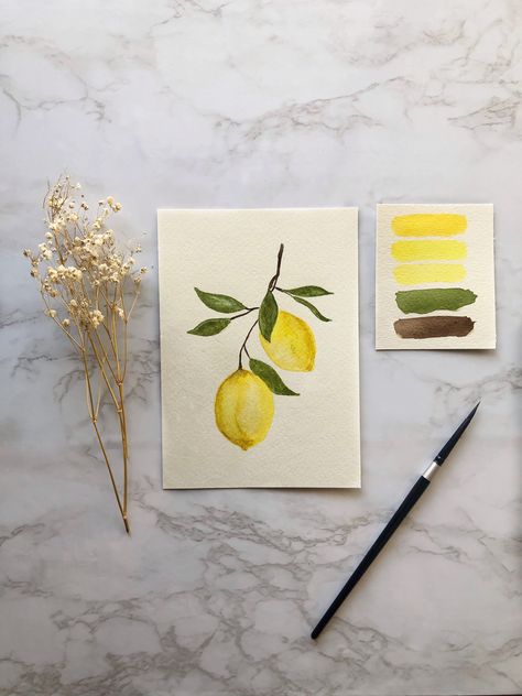 Watercolour Lemon Painting, Lemon Watercolour Painting, Water Colour Lemons, Drawing Lemons Easy, Lemons Watercolor Painting, Watercolor Lemon Tutorial, Easy Lemon Painting, Watercolor Lemon Paintings, Lemon Painting Watercolor