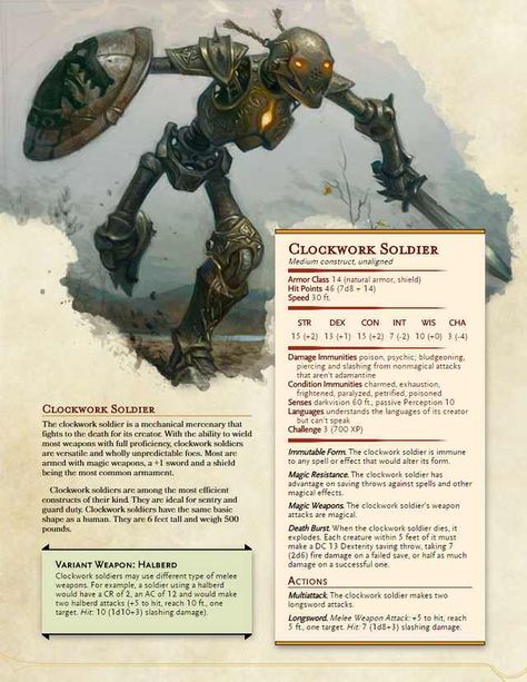 [5e][Monsters] Clockwork Golems Compendium - Imgur Homebrew 5e Monsters, Carpathian Forest, 5e Monsters, Clockwork Soldiers, Dnd Monster, Monster Manual, Dnd Stats, Dungeon Master's Guide, Dnd Classes