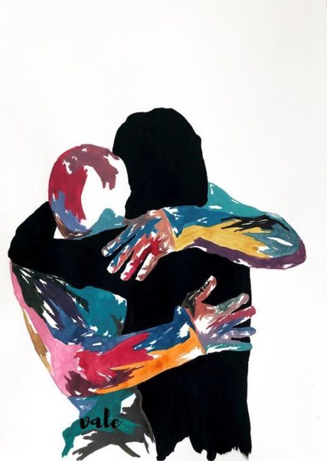 Hug Watercolor Painting, Self Hug Art, Lovers Acrylic Painting, Hug Painting Couple, Hug Art Painting, Lovers Painting Couple, Hugging Painting, Valentini Mavrodoglou, Hug Painting