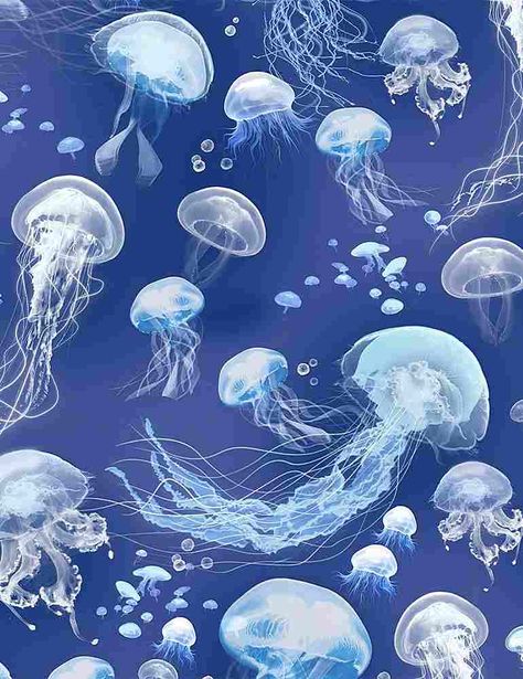 Marine Biology, Ocean Fabric, Blue Jellyfish, Timeless Treasures Fabric, Jelly Fish, Sugar Glider, Dark Blue Background, Marine Animals, Sealife