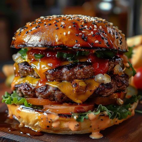 Creatives Cookery Homemade Bacon Cheeseburgers, Gourmet Burgers Recipes Homemade, Slaw Burger Recipes, Hamburger Sandwich Ideas, Burger Street Food, Gourmet Hamburger Recipes, Best Beef Burger Recipes, Creative Cookery Recipes, Fancy Burger Recipes