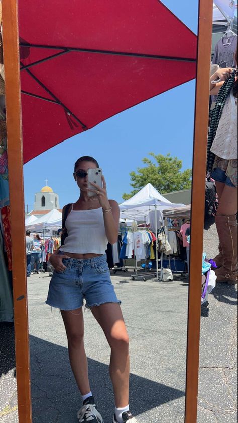 Jean Shorts, Levis, Summer Outfit, That Girl, Clean Girl, Trendy, Aesthetic, Mirror Pic, Thrifting, LA, Flea Market, Silver Lake Flea, Tank Top, White Tank Top, Sunnies, Round Sunnies, Slicked Back Hair, Instagram Aesthetic, Aesthetic, Summer Vibes, Summer Outfit Inspo, Vintage Levis Jean Shorts Outfits, Levi’s Jeans Shorts Outfit, Summer Jeans Shorts Outfit, Knee Length Jean Shorts Outfits, Summer Flea Market Outfit, Jean Short Aesthetic, Stemme Summer Outfits, Summer Fits Jean Shorts, Jean Shorts And Tshirt Outfits