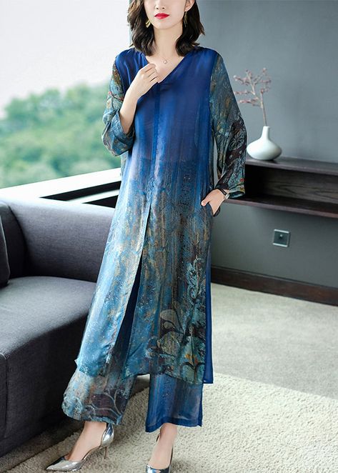 Boutique Blue V Neck Side Open Print Silk Dress And Wide Leg Pants Women Sets Two Pieces SummerFabric: SilkSize & Fit: Fit: This garment fits true to size.Length: Size 4XL measures 44.85"from shoulder to hemBust: Great for any cup size. Waist: Loose Fit. Comfortable room throughout midsection.Hip: Loose Fit - room for hips. Hand Wash Cold. Couture, Women Sets Two Pieces, Printed Silk Dress, Wide Leg Pants Women, Print Silk Dress, Outing Outfit, Designer Dresses Casual, Dresses By Length, Oversized Dress