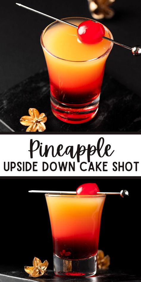 This Pineapple Upside Down Cake Shot is an easy, 3 ingredient shot recipe that creates a stunning layered effect. Serve this impressive looking shot at your next party! Pineapple Upside Down Cake Shot Recipe, Pineapple Upside Down Cake Shot, Vodka Cupcakes, Layered Shots, Cake Shot, 3 Ingredient Recipe, Unique Cocktail Recipes, Shooter Recipes, Strawberry Simple Syrup