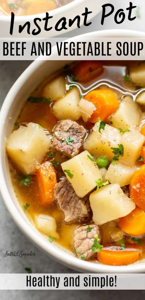 Veg Beef Soup, Beef Veggie Soup, Best Vegetable Soup Recipe, Beef And Vegetable Soup, Stewing Beef, Beef Potatoes, Pressure Cooking Recipes, Peas And Carrots, Vegetable Soup Recipe