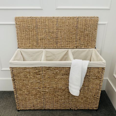 To streamline laundry day, just toss your dirty clothes into one of the three lined compartments of this maize hamper from America Basket Company. Each section of this high-quality hamper holds an entire load of laundry. Clothes Basket, Wicker Laundry Hamper, Laundry Basket Storage, Dirty Clothes Storage, Dirty Clothes Basket, Laundry Bin, Laundry Sorter, Clothes Hamper, Wash Day