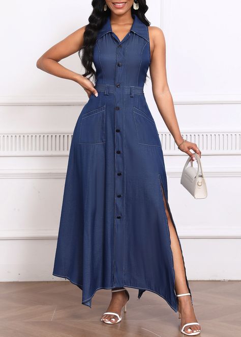 Trendy Long Dresses, Jeans Dress Outfit, Collar Maxi Dress, Dress Shorts Outfit, Casual Denim Dress, Dresses For Spring, Blue Jean Dress, Denim Short Dresses, Denim Maxi Dress