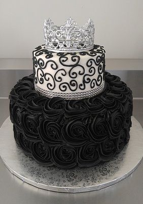 Sweet 16 Cakes Black And Silver, Black And Silver Sweet 16 Cake, Black And Silver Cake Birthday For Women, Black And White Sweet 16 Cake, Birthday Cake Black And Silver, Black Rosette Cake, Black Quince Cake, All Black Birthday Cake, Black Quinceanera Cake