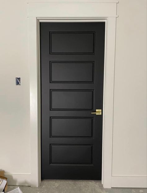 Interior Door Upgrade, Black Doors With White Trim, Interior Black Doors, Black Doors Interior, Black Interior Front Door, Craftsman Interior Door, Dark Interior Doors, Herringbone Tile Wall, Interior Doors Modern