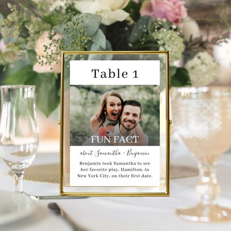 These creative, Fun Facts about the bride and groom wedding table numbers will entertain your reception guest with fun and interesting information about your love story and personalities. The black-and-white design features one of your photos and is embellished with hand-lettered calligraphy script and a stylish serif font. If you need assistance customizing this product or would like me to create additional, matching items, please contact me at admin@albamarie.com. I'd be happy to help! Note: T Personal Centerpieces Wedding, Table Numbers Wedding With Photos, Wedding Table With Photos, Table Number With Pictures, Simple Table Numbers Wedding, Wedding Table Ideas Receptions, Wedding Table Numbers With Pictures, Bride And Groom Wedding Table, Fuscia Wedding