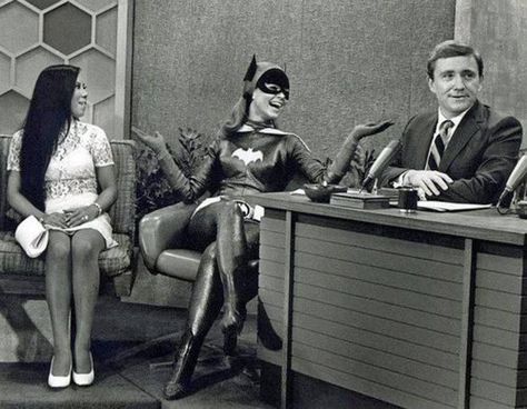 Batgirl (Yvonne Craig)--in full costume, is obviously in her element on "The Merv Griffin Show," circa 1967. That's Jack Douglas' wife, Reiko, at left. Merv Griffin Show, Merv Griffin, James Gordon, Batman Tv Show, Yvonne Craig, Life Moves Pretty Fast, Batman 1966, Batman Tv Series, The Bat Man