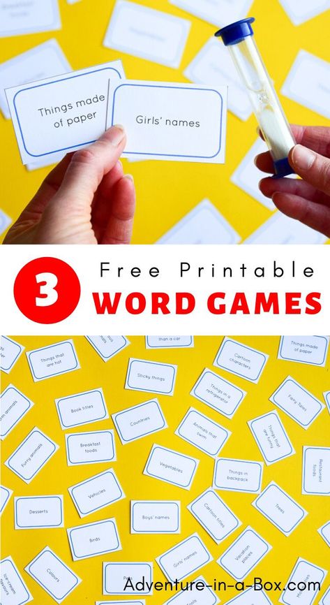 Use over 100 cards with family-friendly categories and play these three free printable word games. Fun for kids and adults! Word Games For Adults, Printable Word Games, Word Games For Kids, Esl Games, Games For Adults, English Games, Game Template, English Activities, Classroom Games