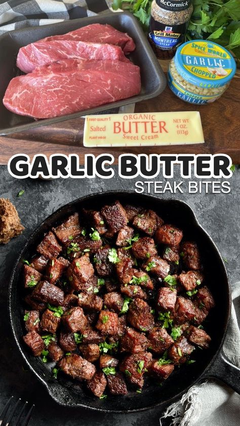 Steak Bites With Garlic Butter, Cast Iron Skillet Recipes Dinner, Butter Beef, Resep Steak, Garlic Butter Steak Bites, Butter Steak Bites, Steak Dinner Recipes, Round Steak Recipes, Ribeye Steak Recipes