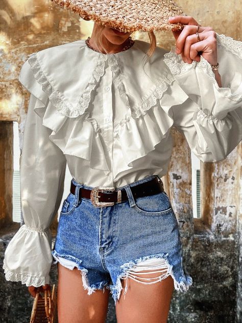 Ruffle White Blouse, Lulus Blouses, Camisa Aesthetic, Shirt Dress Outfit Summer, Shirtdress Outfit, Girly Blouse, Flounce Sleeve Top, Ruffle Shirts Blouses, Short Shirt Dress