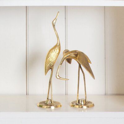 Bay Isle Home™ These two crane objects look great on an accent table or bookshelf. | Bay Isle Home™ 2 Piece Ameer Crane Birds Figurine Set, Metal in Gold, Size Small - 4" - 7" H Large - Over 12" H | Wayfair | Home Decor Figurine, Leaf Table Decor, Aw 23, Live Beautiful, Crane Bird, Entryway Wall, Bird Statues, Balloon Dog, Design Toscano