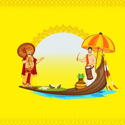 Illustration Of South Indian Drummer With King Mahabali Character, Traditional Pot And Vallam Kali On Yellow Background For Onam Festival. Onam Background Images For Editing, Onam Poster Design Background, South Indian Background, Onam Background Images, Onam Poster Background, Mahabali Onam, Onam Background, Onam Songs, Onam Poster