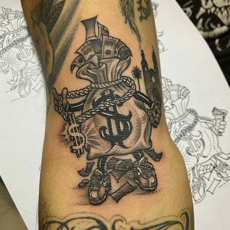 Money Bag Tattoo On Hand Bag Tattoo Ideas, Money Bag Tattoo On Hand, Money Tattoo Ideas, Moneybag Tattoos, Cash Tattoo, Money Rose Tattoo, Money Bag Tattoo, Bag Tattoo, Hand Ideas