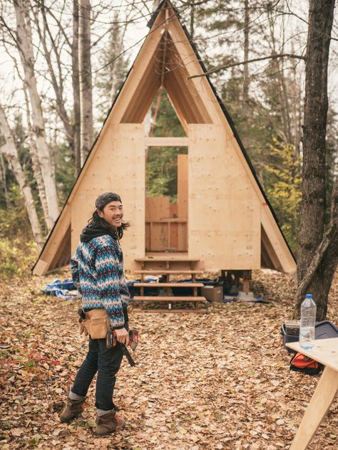 How to Build an DIY A-Frame Cabin for Under $10k | Field Mag A Frame Cabin Diy, Small A Frame Cabin, Diy A Frame Cabin, Tiny A Frame Cabin, A Frame Cabin Plans, Cabin Diy, Diy Cabin, A Frame Cabins, Build A Frame