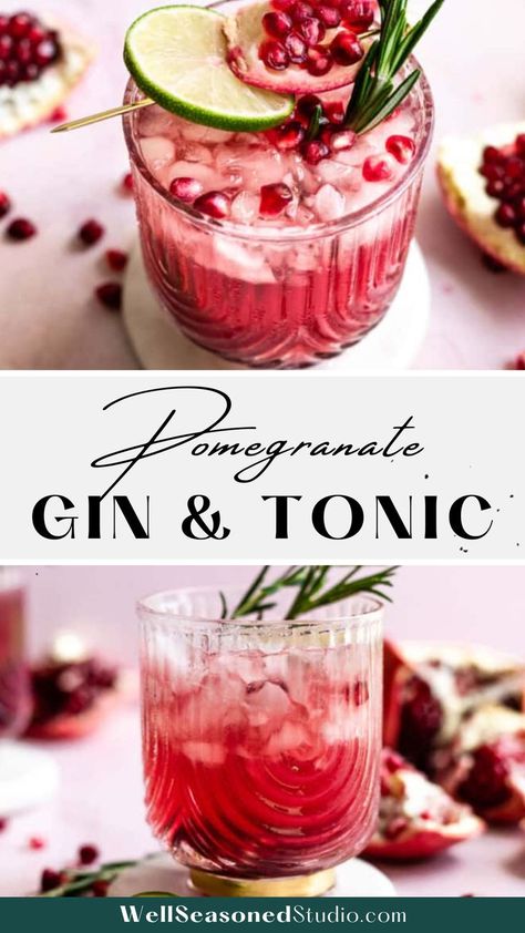 pomegranate gin and tonic Simple Party Food, Boozy Cocktails, Pomegranate Gin, Gin Tonic Cocktail, Pomegranate Cocktails, New Year's Drinks, Christmas Gin, Fantastic Recipes, Gin Recipes