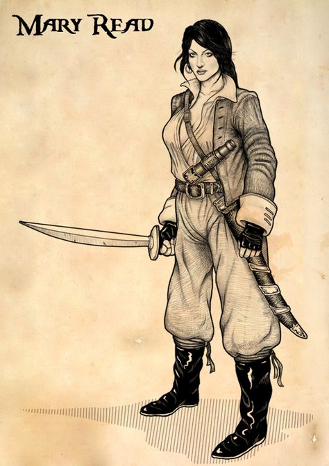 Mary Read - was an English pirate who sailed with "Calico Jack" Rackham and Anne Bonny. Mary Read Pirate, Female Pirate Tattoo, Anne Bonny And Mary Read, Pirate Items, Jack Rackham, Female Pirates, Caribbean Pirates, Mary Read, Pirate Illustration