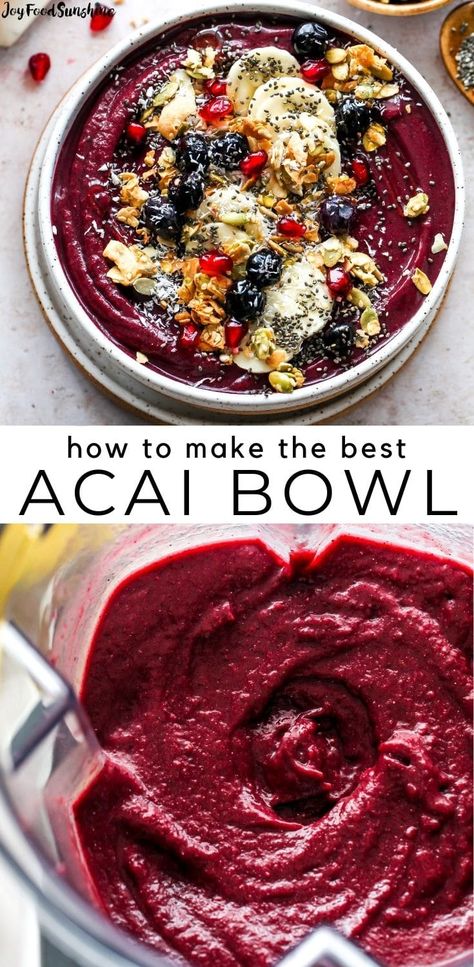 This homemade acai bowl recipe is made in 5 minutes with 7 ingredients. Learn how to make an acai bowl that tastes even better than expensive store-bought varieties. Diy Acai Bowl Recipes, Homemade Acai Bowl Recipe, Acai Bowl Recipes Healthy, Best Acai Bowl Recipe, Acai Bowl Toppings, Smoothie Bowl Base, Acai Bowl Recipe Easy, Homemade Acai Bowl, Acai Recipes