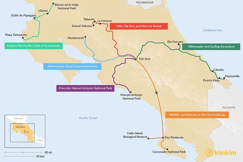 Map of 5 Days in Costa Rica - 6 Unique Itineraries Costa Rica, Cahuita, Costa Rice, Costa Rica Pacific Coast, Costa Rica Trip, Costa Rica Itinerary, Pacific Coast Road Trip, Eco Lodges, Visit Costa Rica