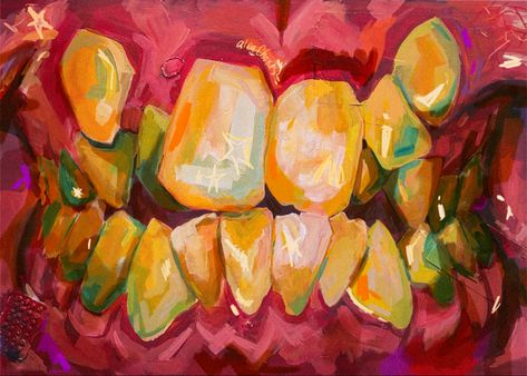 I painted this with acrylic (touched up on procreate) to get out of my comfort zone and try somethign different Definitely want to turn this into a sticker and/or print sprcially for those who enoy funky art like me #funkyart #teeth #crookedteeth #teethart #art #acrylicpainting #acrylic #mixedmedia #mixedmediaart #funky #weirdcore #weird #niche #anatomy Tumblr, Teeth Sticker, Color Theory Art, Teeth Art, Art Articles, Out Of My Comfort Zone, Ethereal Art, Weird Art, Sketchbook Art Inspiration