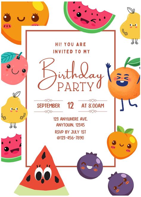 Get (Free Editable PDF) Delightful Summer Frutti Birthday Invitation Templates           Fruit-up your party with our fun and extensive collection of bright, fresh and adorable party invitation. Perfect for a birthday party and baby s... Fruit Invitation Template, Fruit Birthday Theme Ideas, Fruit Party Invitation, Fruit Birthday Party Ideas, Fruits Birthday Theme, Fruit Birthday Party Theme, Fruit Themed Birthday Party, Fruit Invitation, Ski Birthday