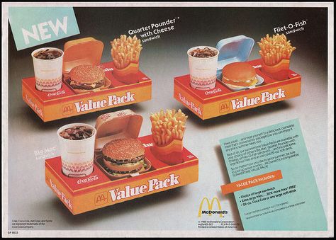 We had Value packs from Mc Donald's...now they have Extra Value Meal...My BFF & I Rode Our Bikes For Miles For These Meals Back In Minnesota Only I Recall Getting The McNugget Meal These Were Awesome :-) Mcdonalds Ads, 70s Ads, Retro Mcdonalds, 2000s Food, Mcdonalds Aesthetic, 80s Classics, Mcdonald Menu, Soul Food Restaurant, Georgia History