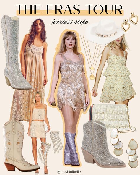Outfit inspiration for the Fearless Era 🤍 Taylor Swift The Eras Tour outfit ideas. Concert outfits, taylor swift songs, taylor swift outfit ideas Taylor Swift Outfit Ideas Fearless, Taylor Swift Concert Outfits Fearless, Fearless Era Aesthetic Outfits, Era Tour Outfits Fearless, Taylor Swift Eras Tour Fearless Outfits, Ts Fearless Outfit, Taylor Fearless Outfits, Taylor Swift Inspired Outfits Debut, Eras Fearless Outfits