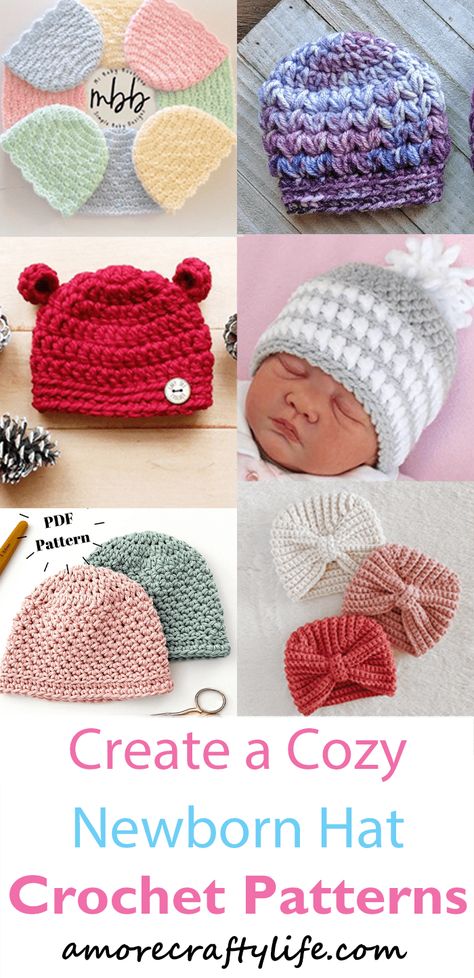 15 Cute Crochet Newborn Hat Patterns - A More Crafty Life Amigurumi Patterns, Chunky Crochet Throw Blanket, Newborn Crochet Hat Pattern, Baby Beanie Crochet Pattern, Easy Crochet Baby Hat, Crochet Baby Hats Free Pattern, Crochet Baby Cap, Baby Hat Free Pattern, Baby Bonnet Pattern