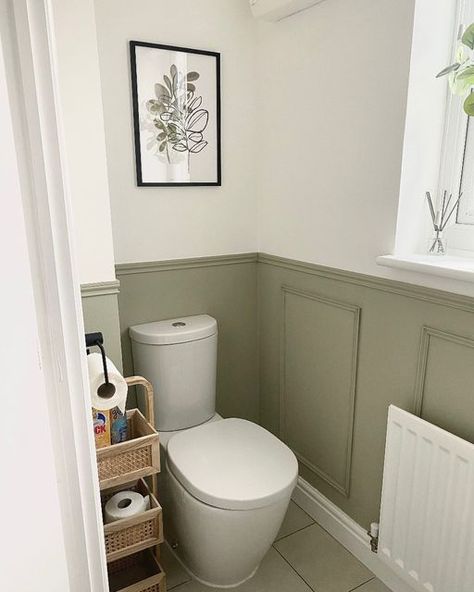 Dulux Overtly Olive Bathroom, Olive Green Downstairs Toilet, Sage Downstairs Toilet Ideas, Blue Wc Ideas, Downstairs Toilet Ideas Tiles, Downstairs Toilet Wood Panelling, Small Under Stairs Toilet Ideas, Downstairs Toilet No Window, Panelling In Downstairs Toilet