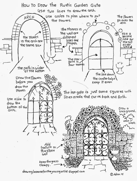 How to Draw The Rustic Garden Gate With A Stone Arch (How to Draw Worksheets for Young Artist) Realistic Eye Drawing, Realistic Eye, Stone Arch, Garden Gate, Lukisan Cat Air, Rustic Garden, Art Instructions, Article Writing, Urban Sketching