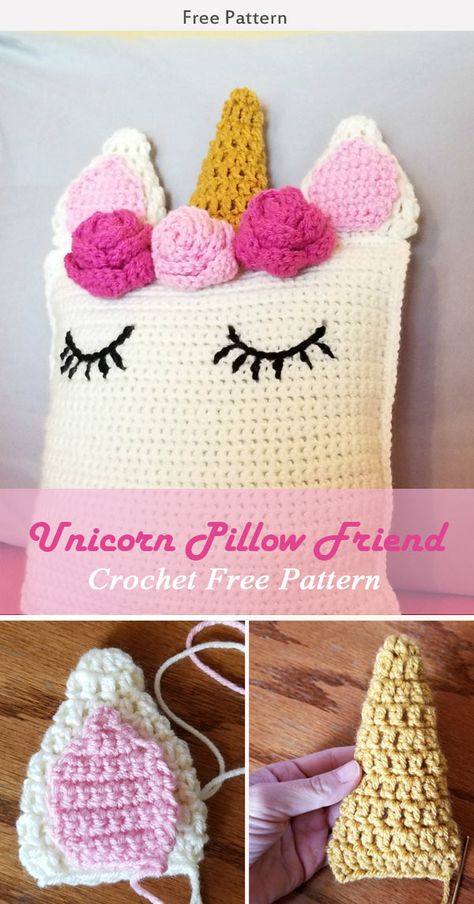 Unicorn Pillow Friend Crochet Pattern #freecrochetpatterns #pillows #toy Crochet Unicorn Blanket, Crochet Unicorn Pattern Free, Simple Pillow, Crochet Unicorn Pattern, Unicorn Pillow, Crochet Cushion Cover, Crochet Pillow Pattern, Crochet Unicorn, Unicorn Pattern