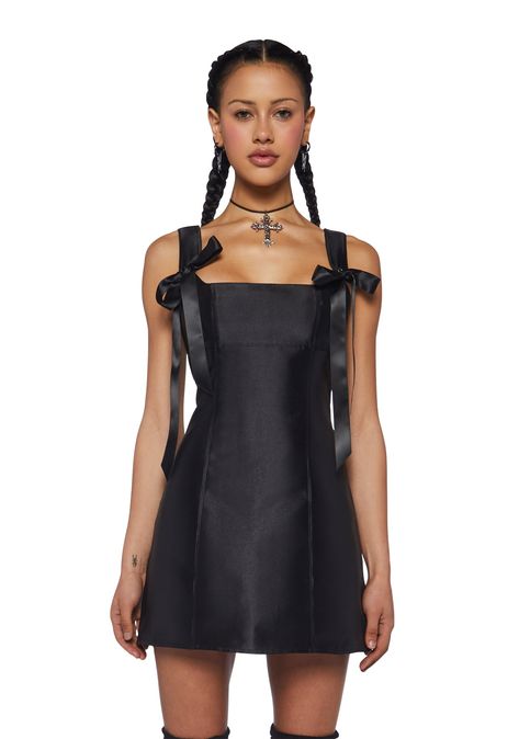 Current Mood Taffeta Ribbon Tie Mini Dress - Black – Dolls Kill Short Slip Dress Outfit, Stardust Dress, Dresses With Black Tights, Current Mood Clothing, Tie Mini Dress, Corset Mini Dress, Cat Dresses, Taffeta Dress, Layer Dress