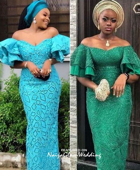 10 Pretty Off Shoulder Dress Styles for Wedding Guest Aso-ebi - NaijaGlamWedding Dress Styles For Wedding, Casual Lace Dresses, Styles For Wedding Guest, Lace Styles For Wedding, Nigerian Lace Dress, Nigerian Dress Styles, Aso Ebi Lace, Aso Ebi Lace Styles, Nigerian Dress