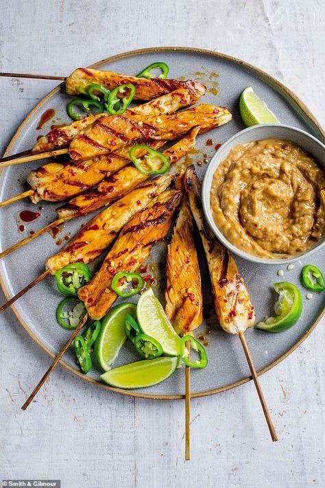 Serve the chicken with lime wedges, chilli, if using, and the warm sauce in individual dipping bowls or simply drizzled over Fast 800 Recipes, Chicken Satay Recipe, Satay Recipe, Satay Chicken, Chicken Breast Crockpot Recipes, Fast 800, Crockpot Chicken Breast, Easy Salad Dressing, Fast Diet