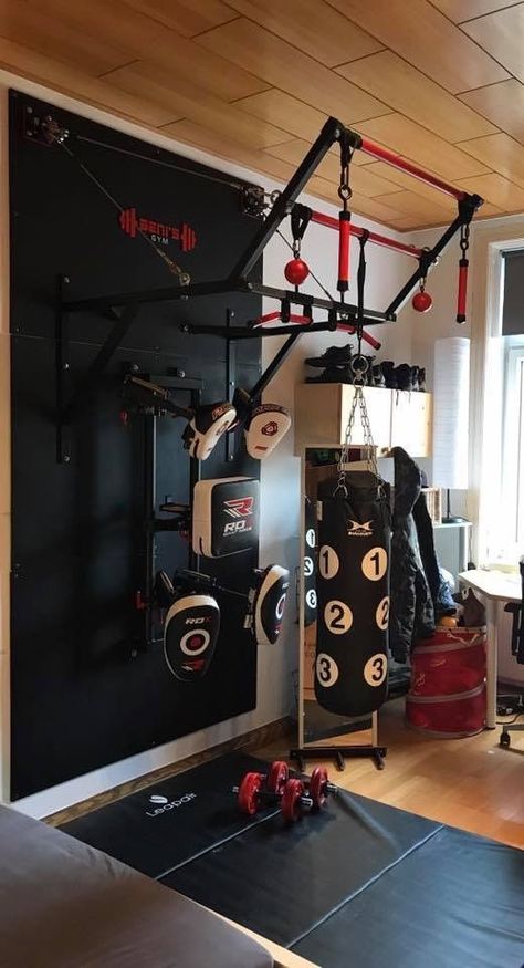 “A Home gym is the best way to save money. Take a look at the top home gym ideas from those of us who have been there and know what works!”  For your boxing/MMA equipment, gears and apparel needs, visit proboxing.com. Ruang Gym, Home Gym Basement, Dream Home Gym, Home Gym Garage, Trening Sztuk Walki, Mma Gym, Diy Gym, Diy Home Gym, Basement Gym