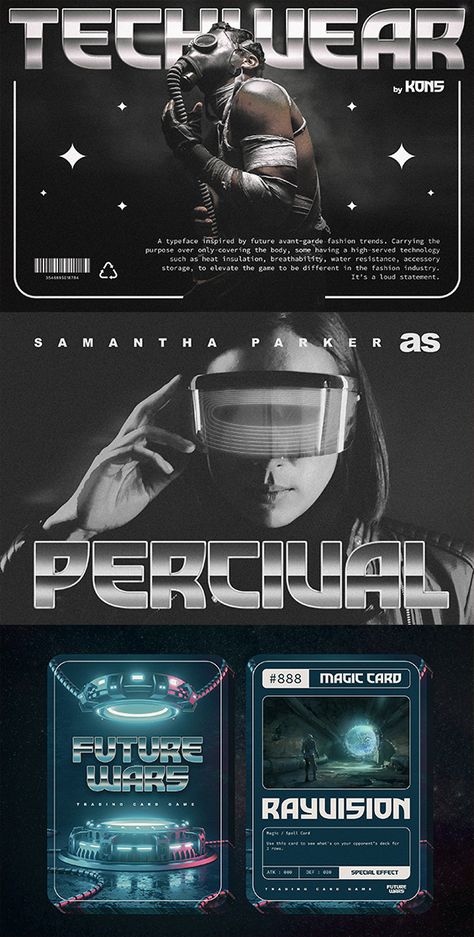 Get ready to jump into the retro-futurism era with Techwear. It is a futuristic typeface inspired from the 80s era and visuals of how people reinterpret the "future" in their fantasy back in the day. Perfectly fit for sci-fi concept, logo, branding, music project, vaporwave, synthwave concept, poster, game design, UI design, anytime you need to drive fast to the retro-futurism era, Techwear is the answer, comrades. Futuristic Typeface, Technology Design Graphic, Poster Game, Magazine Layout Inspiration, Graphic Design Portfolio Cover, Speculative Design, Technology Posters, Futuristic Fonts, Banner Design Inspiration