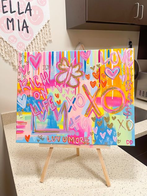 Xoxo canvas painting, preppy, dollar signs, hearts, love, cute, college girl paintings, instagram art, dorm art Preppy Mural Wall, Canvases For Bedroom, 3 Canvases Painting Wall Art, Diy Room Canvas Art, Canvas Painting Designs Abstract, Cute Preppy Canvas Paintings, Pink Diy Canvas Art, Custom Painting Canvas, College Collage Wall