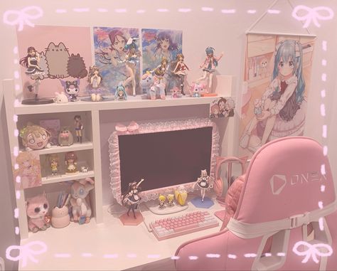 Cutecore Desk Setup, Emo Pc Setup, Cutecore Gaming Setup, Kawaii Setup Gaming, Pc Setup Pink, Kawaii Core Room, Desk Pc Setup, Kawaii Pc Setup, Pink Kawaii Desk