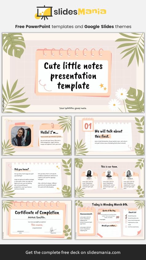 Cute template with little notes, flowers and leaves that includes a daily agenda slide, a certificate and a multifunctional board that works well with Jamboard or as a background for collaborative assignments. Colors can be customized by editing the theme. Preppy Slideshow Template, Google Slide Templates Aesthetic, Slides Go Templates Aesthetic, Cute Google Slides Templates, Agenda Slide, Powerpoint Presentation Themes, Powerpoint Background Free, Cute Template, Certificate Layout