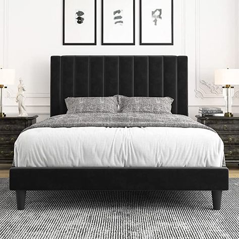 Amazon.com: Allewie Queen Bed Frame/Velvet Upholstered Bed Frame with Vertical Channel Tufted Headboard/Strong Wooden Slats/Platform Bed Frame/Mattress Foundation/Box Spring Optional/Easy Assembly/Black : Home & Kitchen Bed Frame Velvet, Channel Tufted Headboard, Leather Upholstered Bed, Queen Platform Bed Frame, Fabric Upholstered Bed, Steel Bed Frame, Adjustable Bed Base, Velvet Upholstered Bed, Full Bed Frame