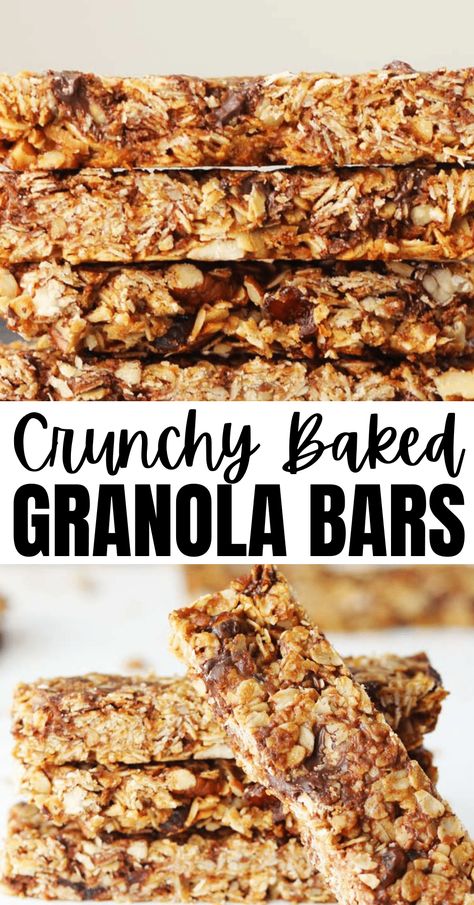 This recipe for crunchy baked granola bars is loaded with healthy ingredients like honey, oats, nuts, dried fruit and coconut. Homemade granola bars make the perfect on the go snack for packing in lunches. Peanut Butter Honey Granola Bars, Crunchy Peanut Butter Granola Bars, Healthy Granola Bars With Dates, Bake Granola Bars Oven, Gluten Free Granola Bars Homemade Healthy Recipes, Granola Bars Homemade Crunchy Peanut Butter, Baked Healthy Recipes, Dried Fruit Granola Bars, Healthy Crunchy Granola Bars