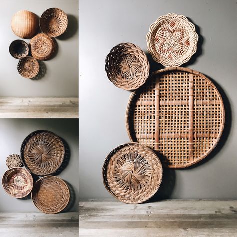 How to arrange a basket wall like a boss – Doug and Fir Wicker Basket Wall Art Above Bed, Boho Small Wall Decor, 3 Baskets On Wall, Basket Walls Boho Kitchen, Basket Wall In Kitchen, Kitchen Basket Wall Decor, Dining Room Basket Wall Decor, Boho Wall Gallery Ideas, Kitchen Wall Decor Boho